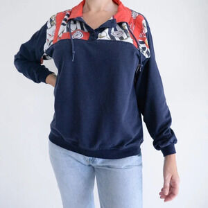 Vintage Euro Joy Navy & Red Nautical  Button Collar with Draw String Sweater